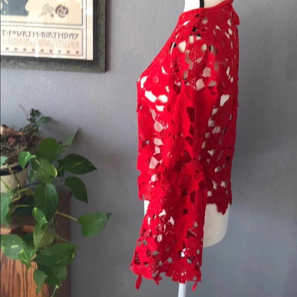 Peekaboo Lace Bell Sleeve Blouse - Red - Picture 3 of 7